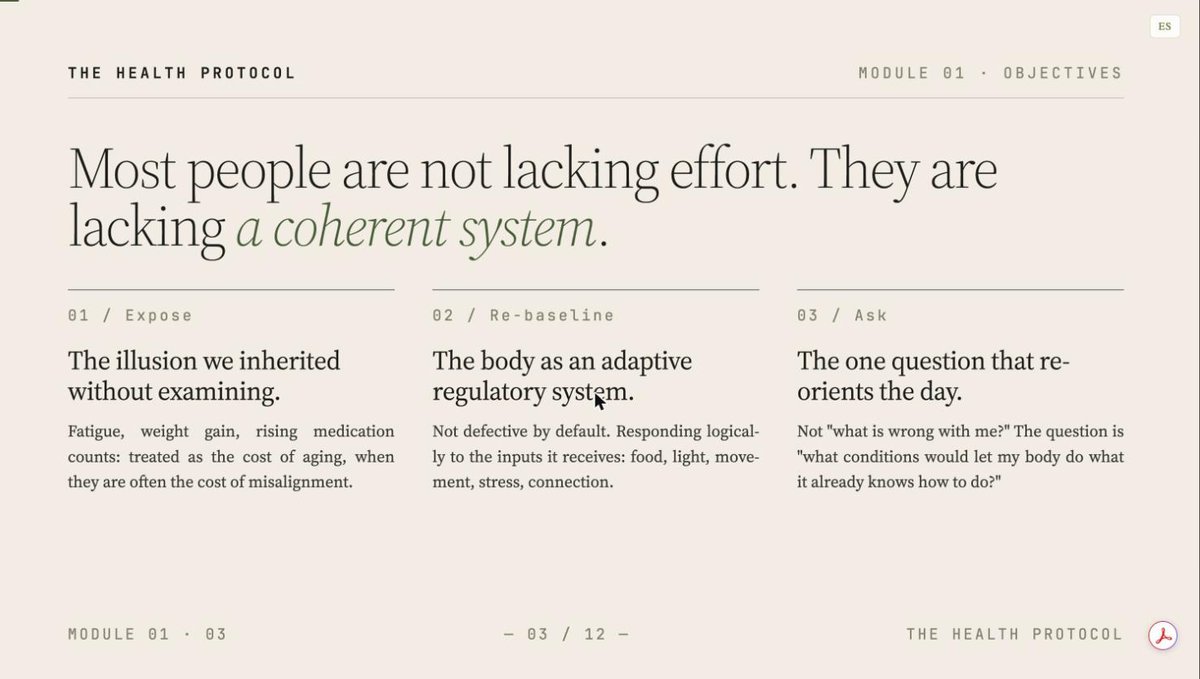 Inside Module 1 of the seminar: a narrated slide reading 'Most people are not lacking effort. They are lacking a coherent system.'