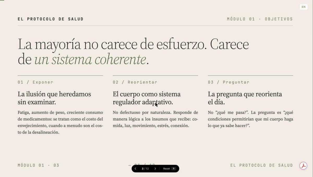 Dentro del Módulo 1 del seminario: una diapositiva narrada que dice 'La mayoría no carece de esfuerzo. Carece de un sistema coherente.'