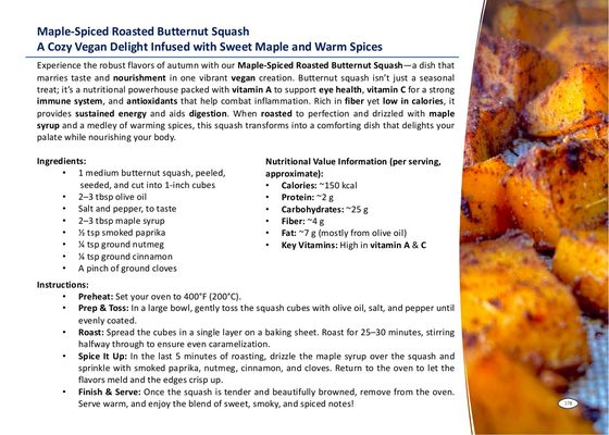 Workbook page: Maple-Spiced Roasted Butternut Squash recipe with nutritional value per serving