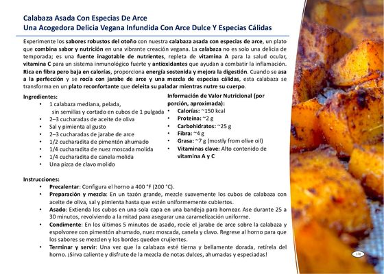 Página del libro de implementación: Calabaza Asada con Especias de Arce, receta con valor nutricional por porción